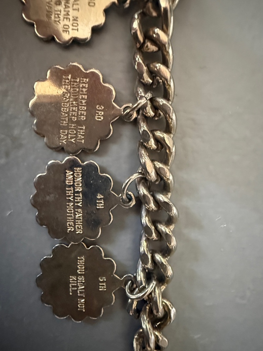 Silver-Tone Charm 10 Commandments Bracelet with Inscribed Scalloped Medallions